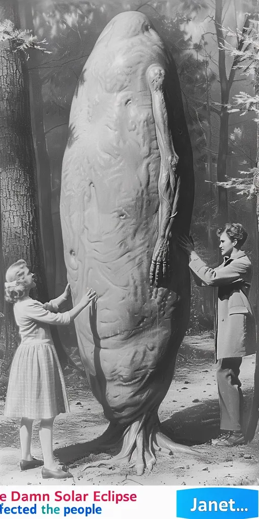 In a black-and-white photo from the 1930s, a young couple stands in the woods next to a giant potato. The man has his hand on the potato, and the woman is holding its vines. The caption at the bottom reads, "Janet... Damn Solar Eclipse Effected The People."