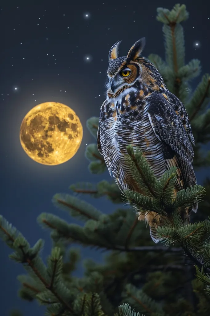 The image is of an owl sitting on a branch of a tree. The owl is looking to the right of the frame, where there is a full moon. The owl is mostly brown, with some white and black markings on its head and wings. The tree is dark green, and the leaves are long and thin. The moon is yellow and bright, and it is surrounded by a few stars. The background is a dark blue sky.