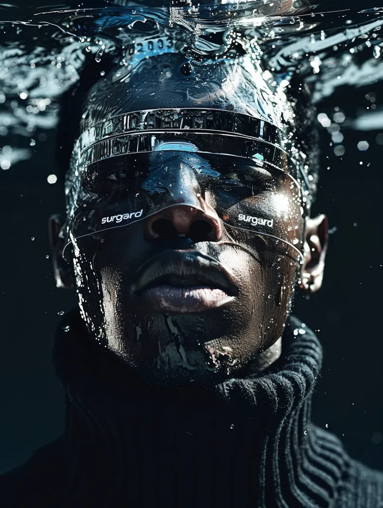 A close-up portrait of a man's face is partially submerged in water. He is wearing a black turtleneck sweater and has a pair of goggles on. The water is splashing around his face and he is looking directly at the camera. The image is dark and moody, and the man's expression is intense.