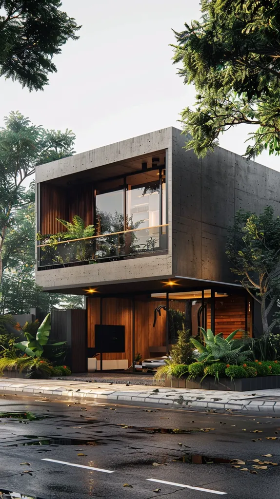 The image is a modern two-story house with a flat roof. The house is made of concrete and has a minimalist design. The front of the house has a large glass window and a door. On the second floor, there is a balcony with a glass railing. The house is surrounded by trees and plants.