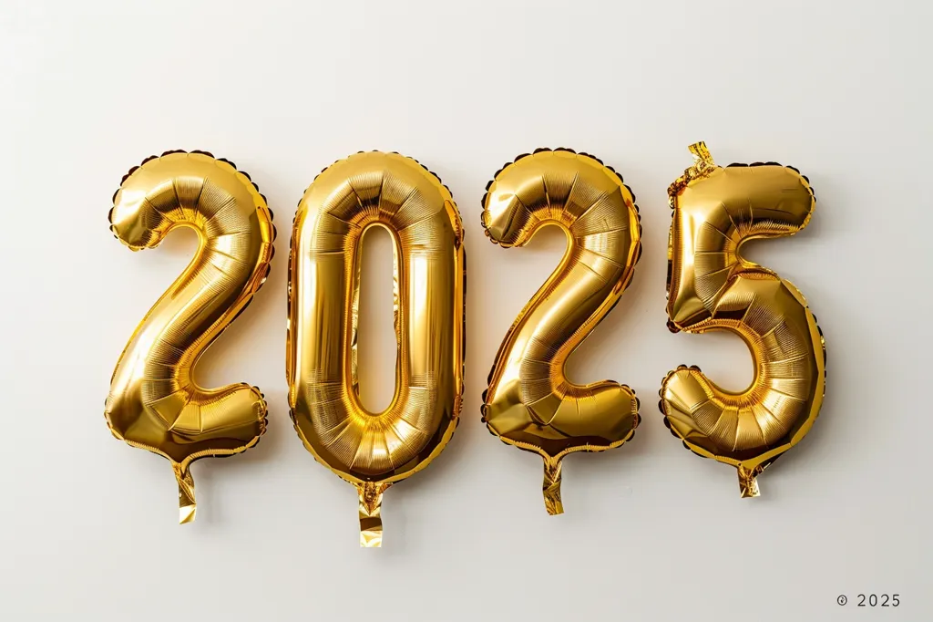 The image shows four gold balloons in the shape of numbers 2, 0, 2, and 5. The number 2 is slightly smaller than the other numbers. The number 0 is the largest. The number 5 is in the far right. All the numbers have a shiny surface and are reflecting light. The background is white.