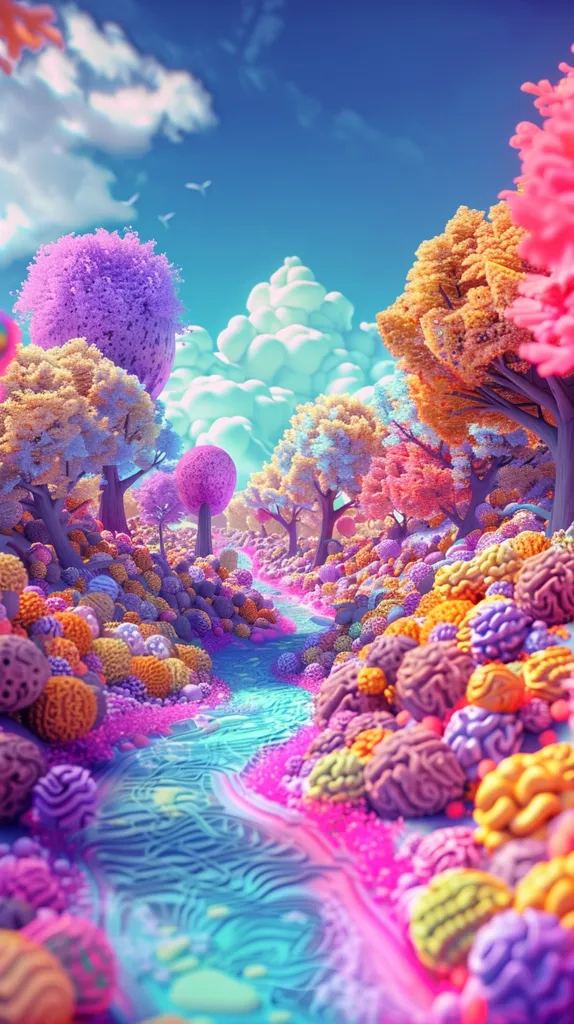 The image is a surreal landscape with a river running through it. The trees and plants are all different colors, and the sky is a bright blue with pink clouds. The ground is covered in pink and purple flowers. There is a white rabbit sitting on a rock in the middle of the river.
