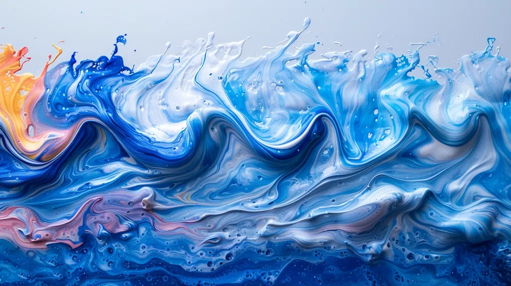 The image is a colorful abstract painting. It has a wave-like pattern, with bright blue and white colors. The painting has a lot of texture, and it looks like it was made with acrylic paints. The painting is very calming and relaxing to look at.