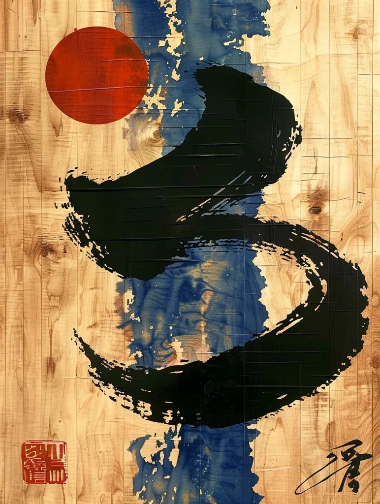 The painting is a beautiful depiction of a landscape. The warm colors of the red sun and the blue river create a sense of balance and harmony. The thick black brushstrokes add a sense of movement and energy to the painting, while the wood grain adds a sense of texture and depth. The painting is a perfect example of how the artist has used different elements to create a visually stunning and thought-provoking work of art.
