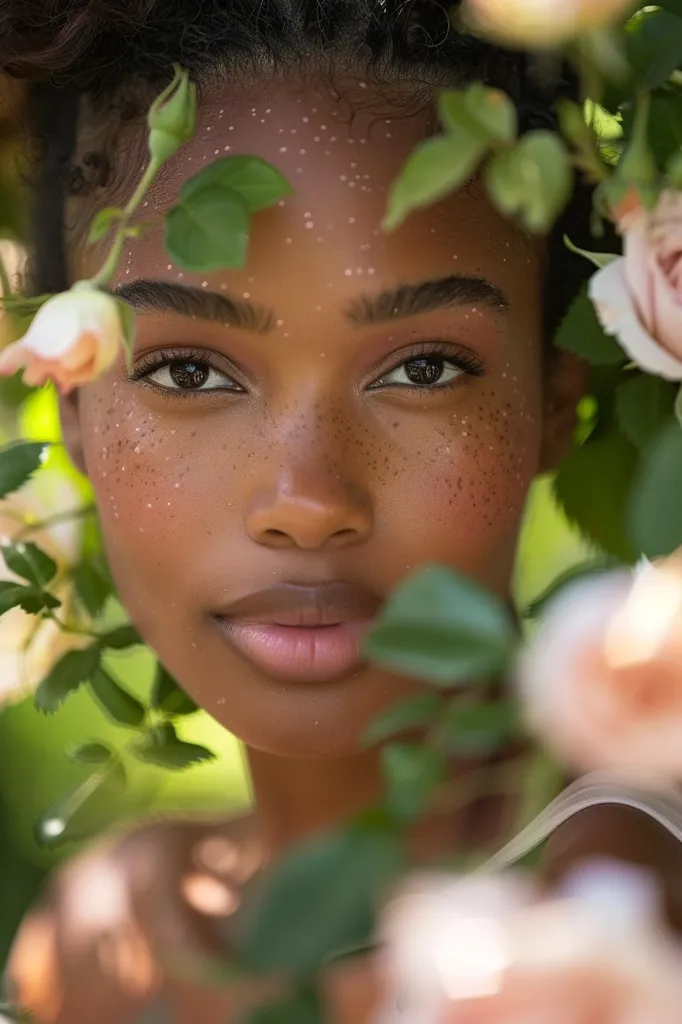 Closeup portrait photo of a gorgeous Jamaican woman with rosy freckled skin, posing in a rose garden on a Spring Day --ar 2:3