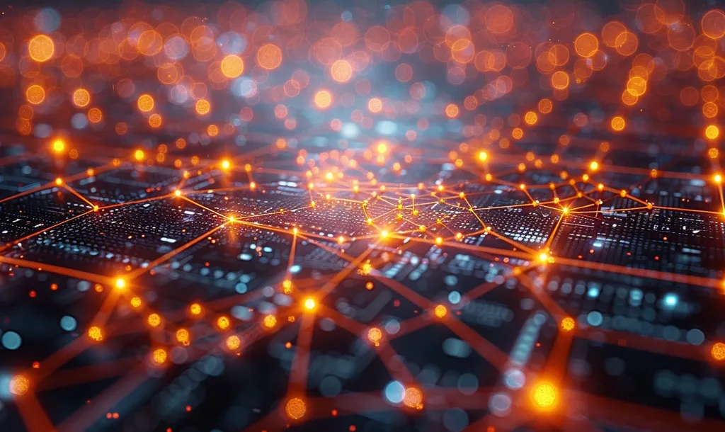 The image is a circuit board with many orange and yellow lights. The lights are connected by a network of lines. The background is dark blue. The image looks like a computer chip.