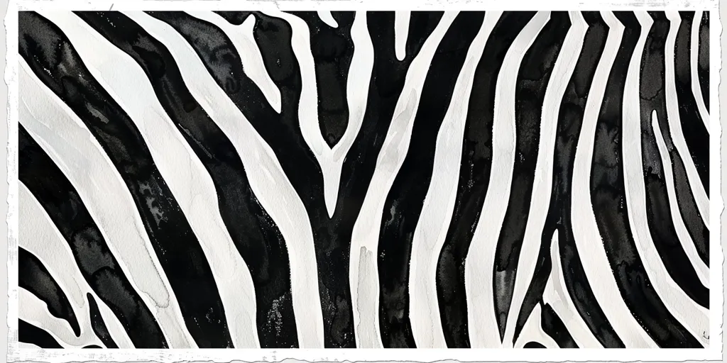 This image is a black and white painting of a zebra's stripes. The stripes are vertical and vary in width. The painting has a rough, textured appearance, which gives it a sense of movement. The overall effect is one of beauty and elegance.