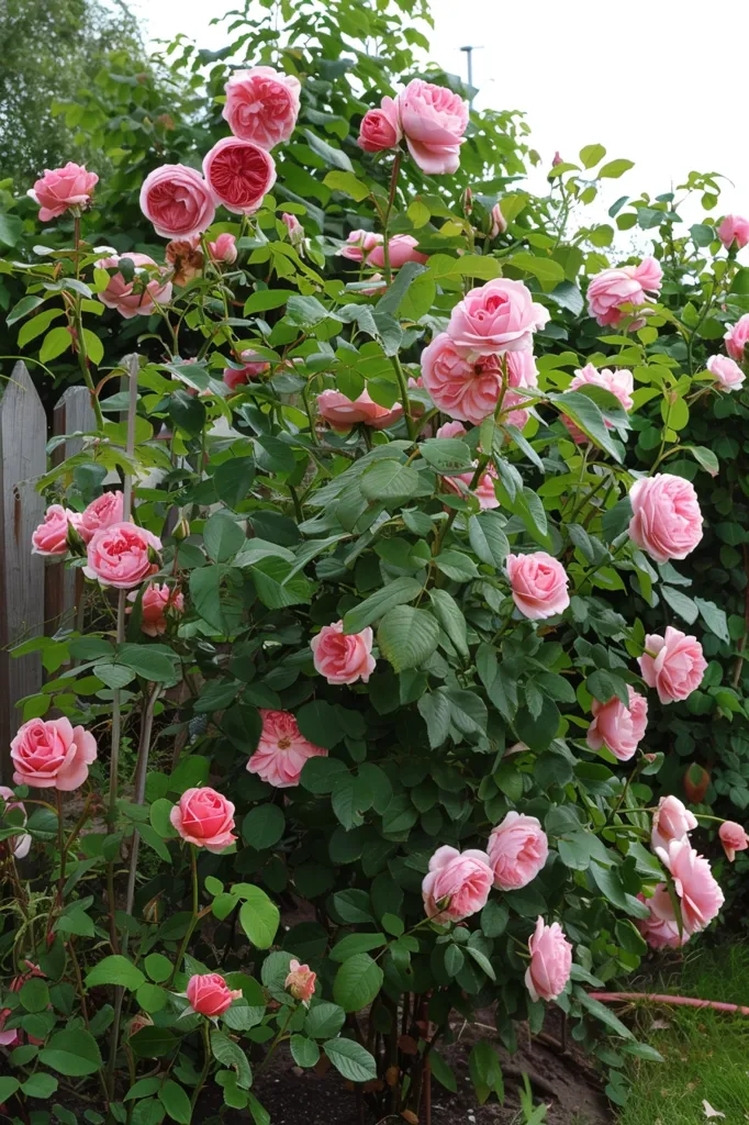 The image shows a rose bush in full bloom. The bush is covered in pink roses of different shades. The roses are surrounded by green leaves. The bush is tall and the roses are in different stages of bloom. Some of the roses are fully open, while others are still buds. The image is taken from a low angle, which makes the bush look even more impressive. The background is blurry, which helps to focus the viewer's attention on the roses.