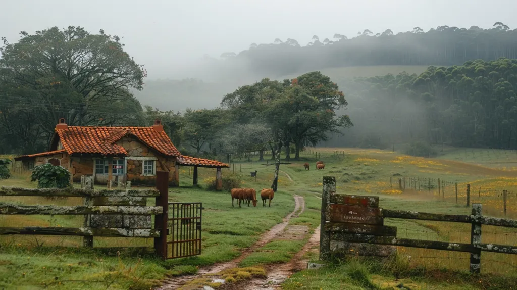 The image shows a small, rustic house in a rural setting. The house is made of wood and has a red roof. It is surrounded by a fence and there are some trees and bushes in the yard. In the background, there is a large hill covered in tall grass. The sky is cloudy and it looks like it might rain. There are five cows on the field.