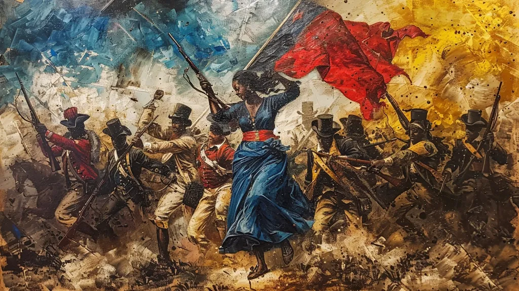 The painting depicts a group of people, likely slaves, revolting against their oppressors. The woman in the center is holding a flag, perhaps symbolizing the revolution. The painting is full of movement and energy, and the colors are vibrant and intense. The people in the painting are all dressed in different ways, but they are all united in their fight for freedom. The painting is a powerful reminder of the human spirit's ability to overcome oppression.