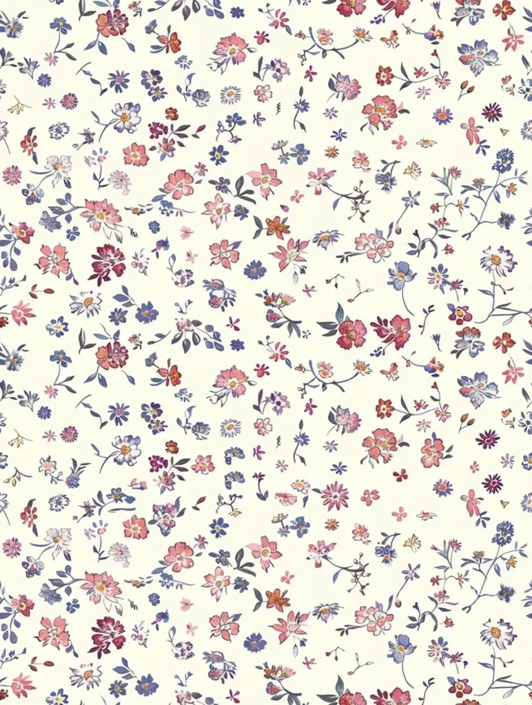 The image shows a pattern of small-scale floral motifs. There are five main flower types in pink, dark blue, light blue, and yellow. The flowers are arranged in a scattered, all-over design. The background is off-white.