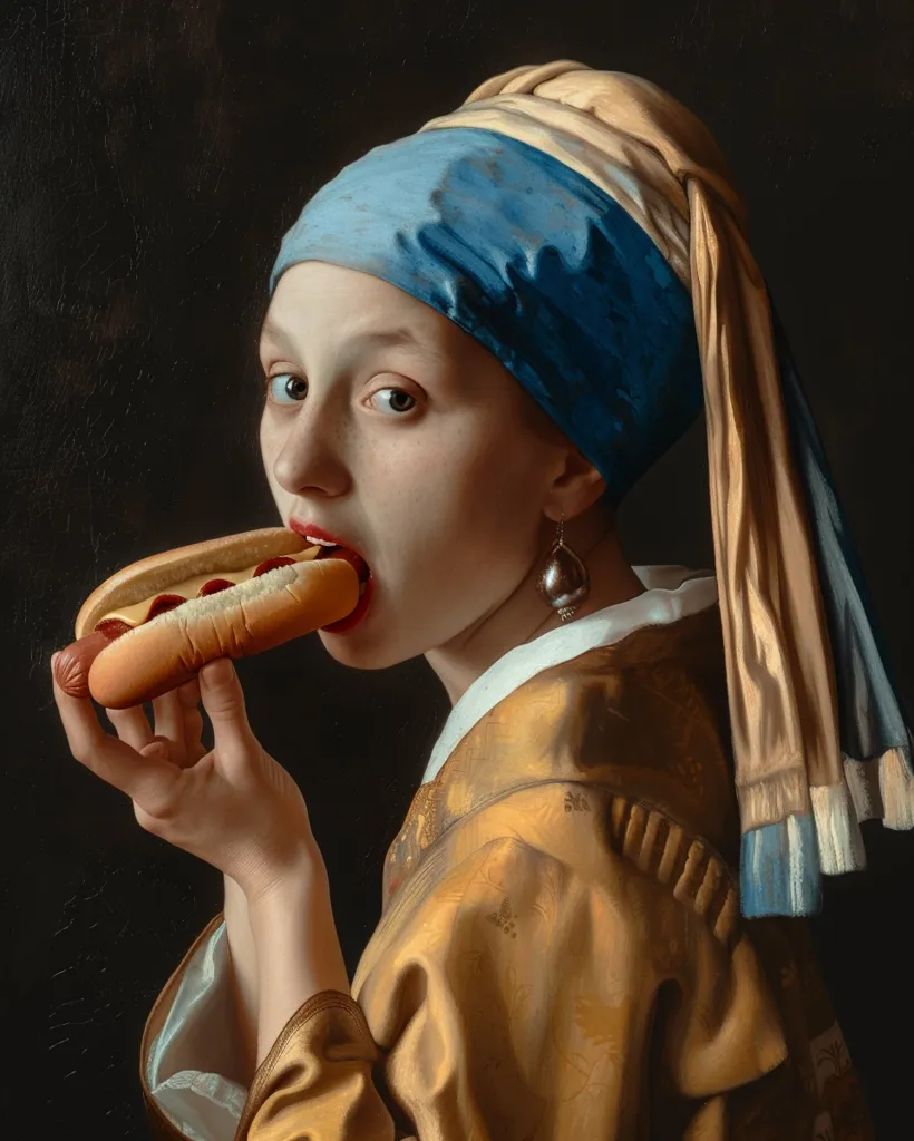 This is a painting of a young woman wearing a blue and gold turban. She is eating a hot dog. The painting is done in a realistic style, and the artist has paid close attention to detail. The woman's expression is one of pleasure, and she seems to be enjoying her meal. The painting is a unique and interesting take on the traditional portrait, and it is sure to spark conversation.