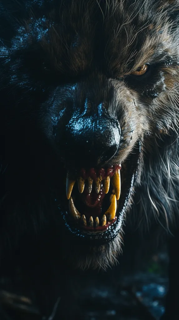 A terrifying werewolf bares its teeth and growls. Its fur is matted and covered in blood. The background is dark and shadowy, adding to the sense of danger and suspense. The werewolf's eyes are a deep, piercing yellow, and they seem to glow in the darkness. Its teeth are bared, and its claws are extended. The werewolf is crouched down, ready to pounce on its prey. The image is both horrifying and thrilling, and it captures the essence of the werewolf as a creature of pure savagery and power.