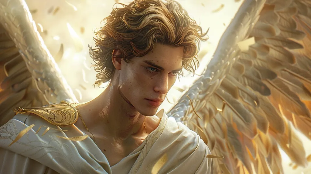 This is a painting of a beautiful young man with long, wavy hair and blue eyes. He is wearing a white toga and has a golden necklace around his neck. He has a serious expression on his face and is looking down at something. He has a pair of magnificent golden wings.