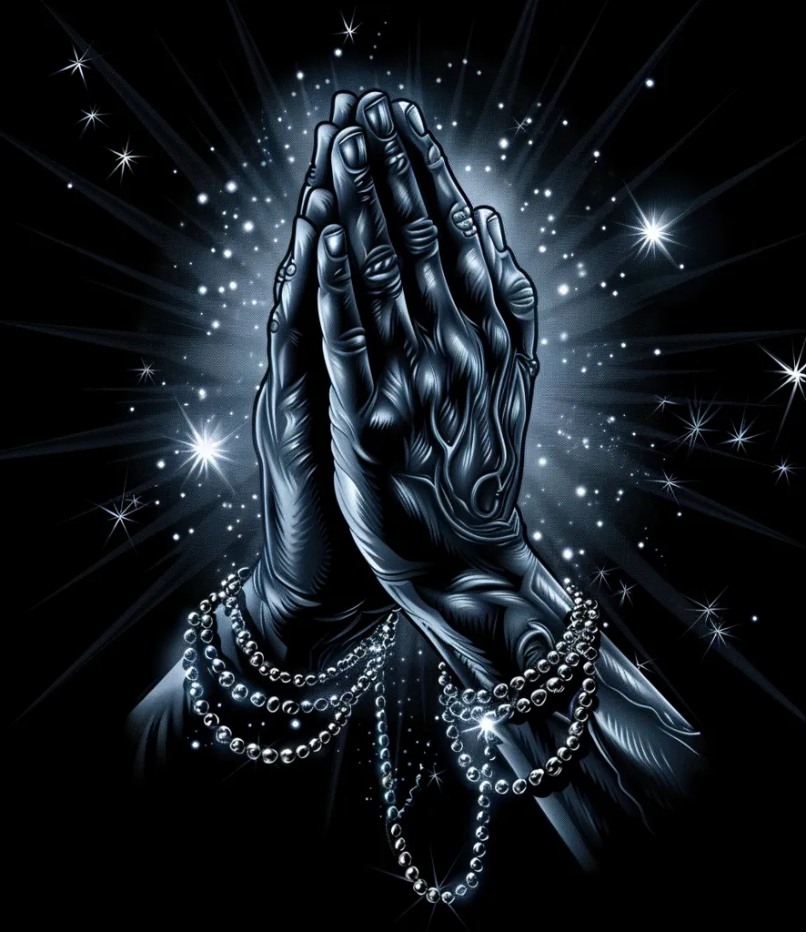 The image is of a pair of hands clasped together in prayer. The hands are dark in color. A rosary is wrapped around the praying hands. The background is a dark blue night sky filled with bright white stars.