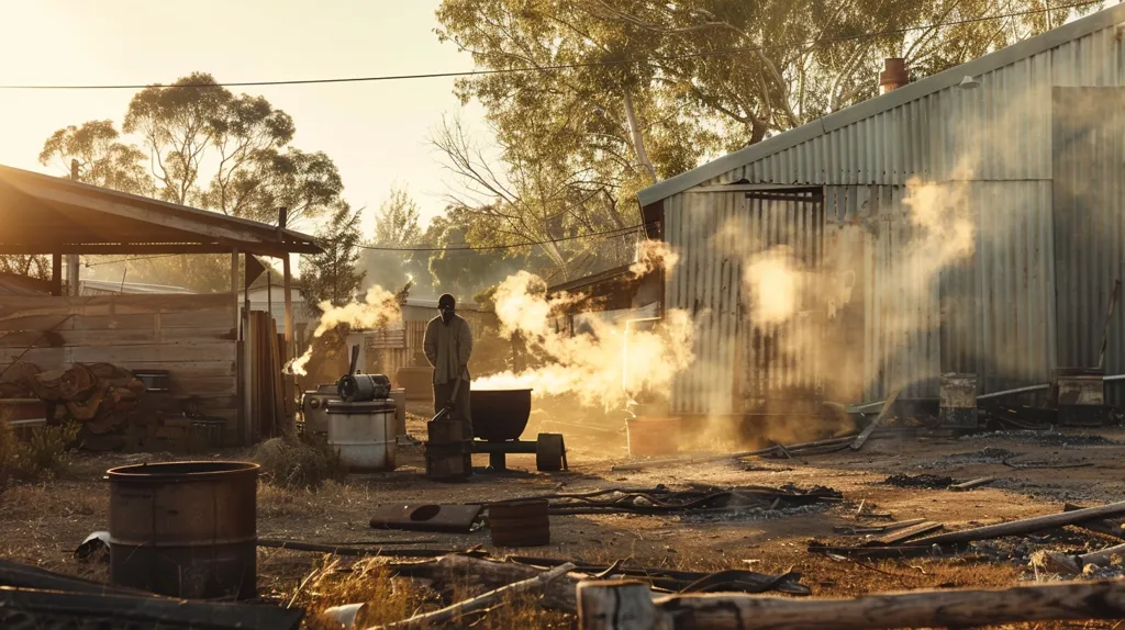 The image shows a rural scene with a man wearing a mask and gloves working in a yard. There are several outbuildings and a large metal container in the yard. The man is using a hose to direct a stream of water into the container. There is a lot of steam coming from the container. The sun is setting, and the sky is orange. The image is peaceful and serene.