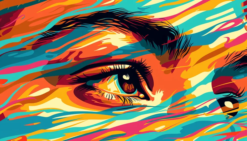 A beautiful painting of an eye. The eye is full of emotion and seems to be looking right at the viewer. The colors are vibrant and bright, and the brushstrokes are thick and expressive. The painting has a sense of movement and energy, and it seems to capture the beauty and complexity of the human soul.