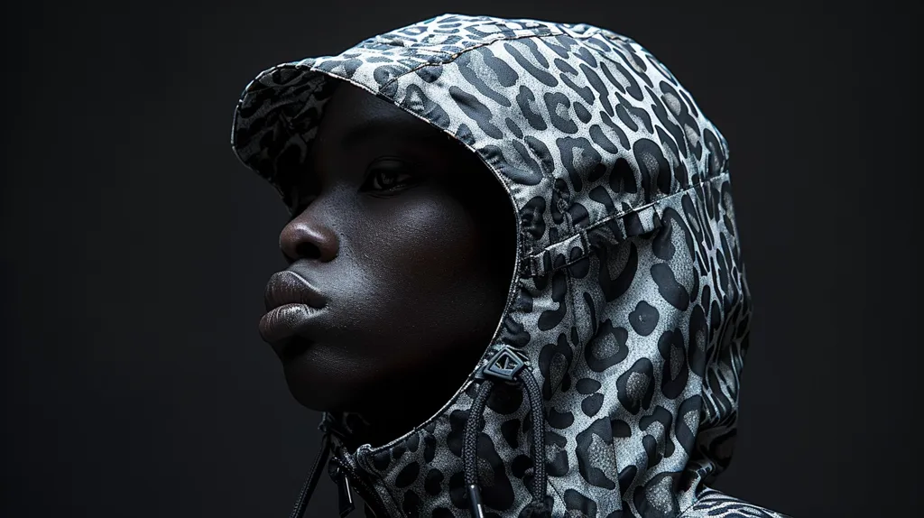 The image is a portrait of a young man. He is wearing a black hoodie with a white and gray leopard print. The hood is pulled up over his head and his eyes are looking down. The background is black and there is a spotlight on the man.