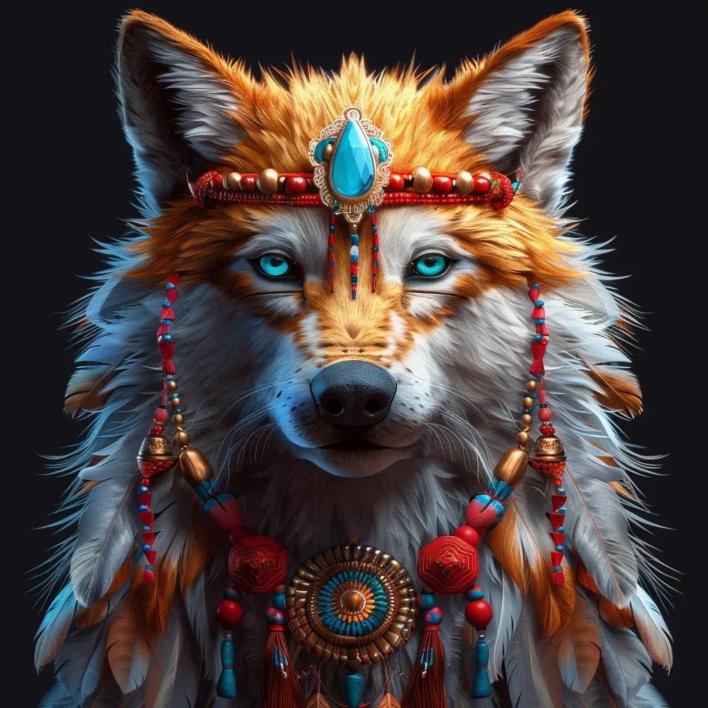 The image is a portrait of a wolf wearing a Native American headdress. The wolf is staring at the viewer with its blue eyes. It has a turquoise, red, and white beaded headband with feathers and other decorations hanging from it. The wolf's fur is a mix of red, white, and brown. The background is black.