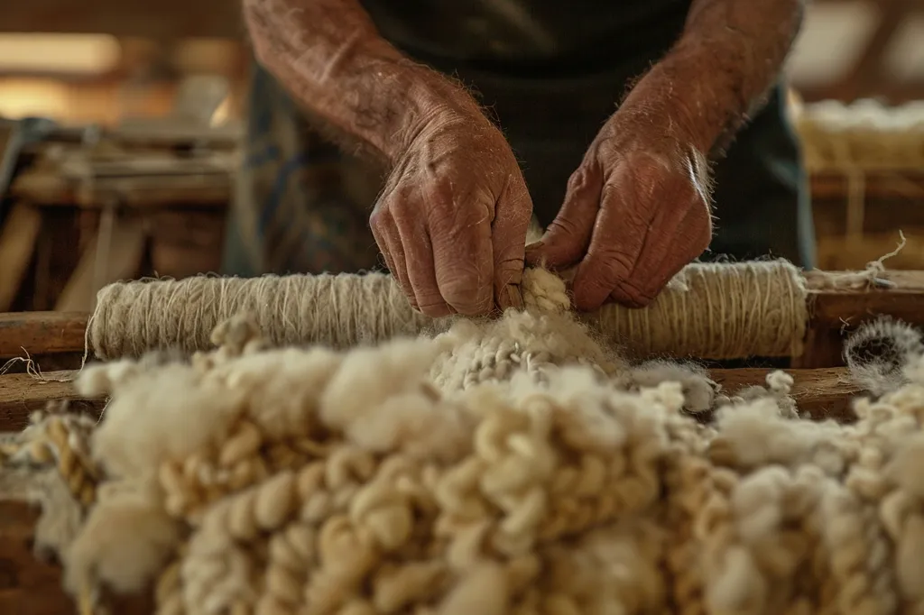 The image shows the hands of a person holding a bunch of wool. The person is wearing a dark green shirt and the wool is white. The background is blurry and looks like there is a wooden table or bench. The person is holding the wool with both hands and seems to be working with it.