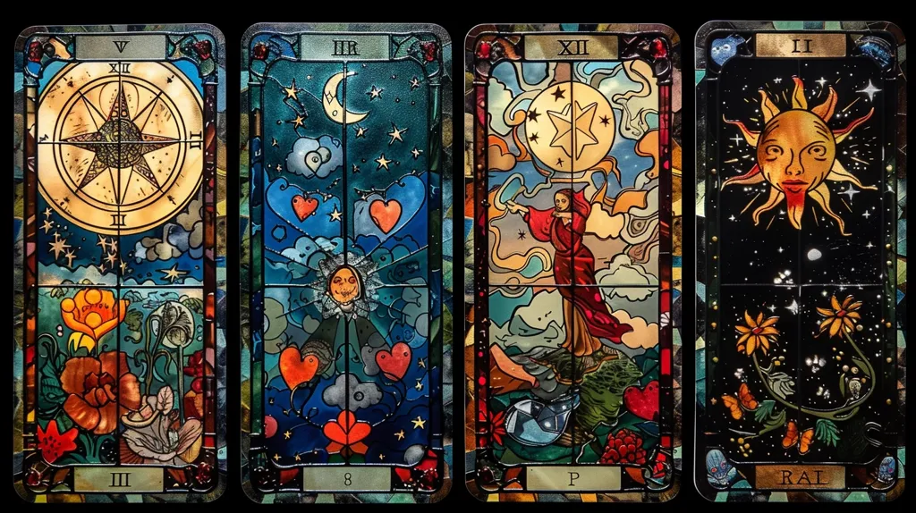 The image shows four tarot cards. The first card is the Emperor, which is a symbol of authority and power. The second card is the Hierophant, which is a symbol of religion and spirituality. The third card is the Lovers, which is a symbol of love and relationships. The fourth card is the Sun, which is a symbol of happiness and joy.