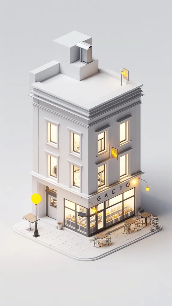 The image is a 3D rendering of a white building. The building has three stories and a grey roof. There is a door on the first floor and five windows on each of the floors above. There is a sign above the door that says "Gafo". There is a yellow light above the door and two yellow lights on the second floor. There is a table and two chairs outside the building.