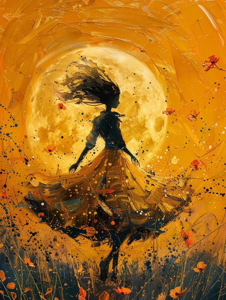 The painting is of a woman dancing in a field of flowers. The background is a bright yellow, and the foreground is a dark blue. The woman is wearing a long, flowing dress, and her hair is blowing in the wind. She is surrounded by red and orange flowers. The painting is full of movement and energy, and it seems to capture the joy of dancing.