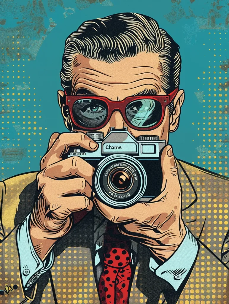 A man is holding a camera to his right eye. He is wearing a suit and tie and has a serious expression on his face. The background is blue with yellow dots. The man's hair is dark brown and he has a slight widow's peak. His eyes are brown and his lips are thin. He is wearing a white shirt and a red tie with white polka dots. The suit jacket is dark brown. The camera is black and has a silver lens.