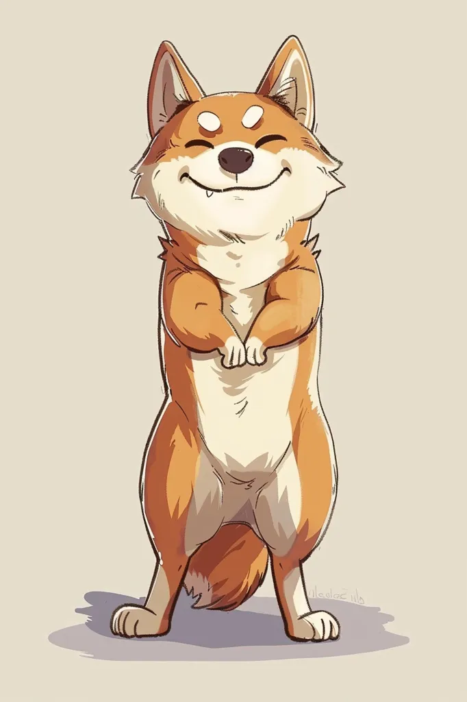 The image is of a cartoon Shiba Inu standing on its hind legs. It has a happy expression on its face and is smiling. Its fur is orange and white, and its eyes are black. The background is a light beige color.