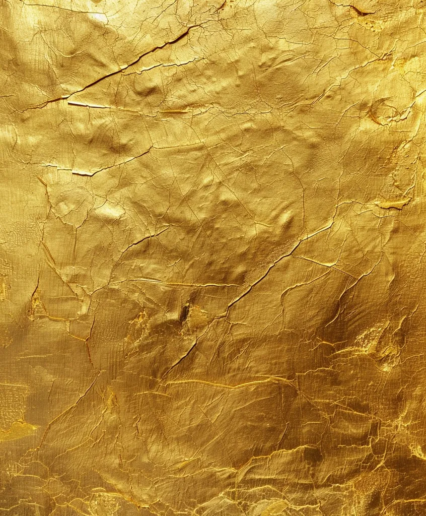 The image is a close-up of a gold-colored surface. The surface is cracked and peeling, revealing a dark brown layer underneath. The cracks are small and numerous. The surface is also bumpy and uneven. The image is reminiscent of an old, worn-out piece of metal.