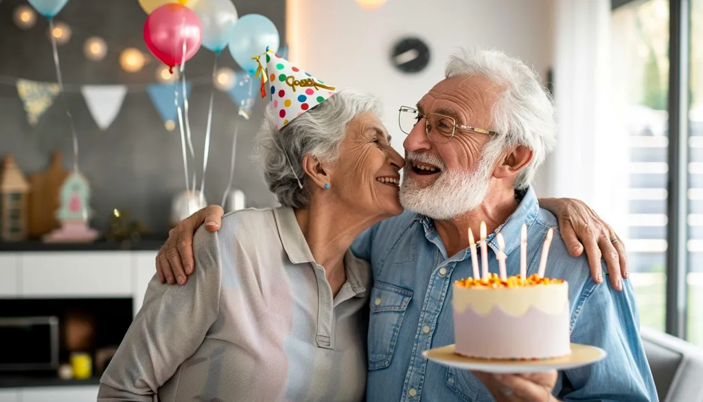 The image shows a happy elderly couple celebrating a birthday. The woman is wearing a party hat and the man is holding a cake with lit candles. They are both smiling and embracing each other. The background is decorated with colorful balloons and streamers. The overall mood of the image is one of happiness and celebration.