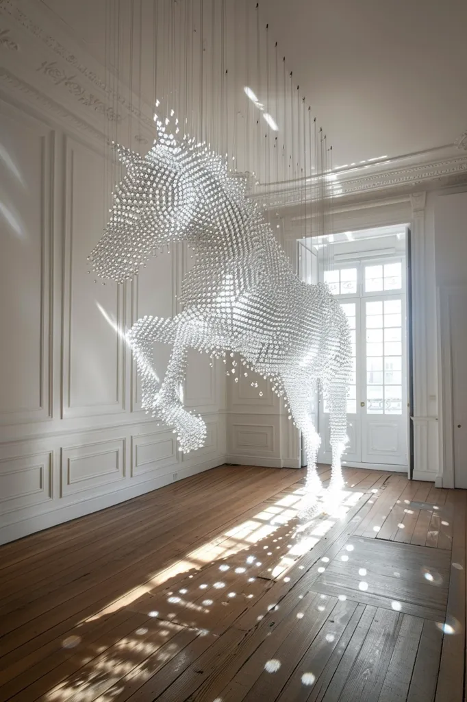The image is a sculpture of a horse made of crystal. It is hanging from the ceiling of a room with white walls and a wooden floor. There is a large window in the background. The sculpture is lit by a spotlight, which is creating shadows on the floor. The sculpture is very detailed and realistic. It looks like it is made of thousands of tiny crystals. The horse is standing on its hind legs and has its head turned to the side. The sculpture is very beautiful and it is a unique work of art.