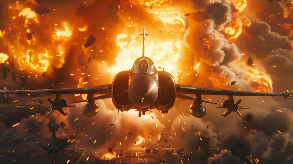 A military jet flies through a war zone. The sky is filled with smoke and flames from explosions. The jet is flying low to the ground and is being fired upon by enemy forces. The jet is taking evasive maneuvers and is returning fire. The scene is one of chaos and destruction.