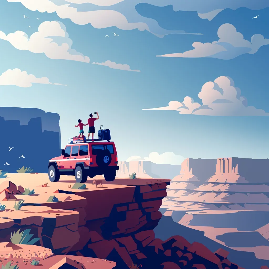 The image shows a red car on a cliff. There are two people standing on the roof of the car. They are looking at the view. The sky is blue and there are some clouds. The ground is brown and there are some rocks.