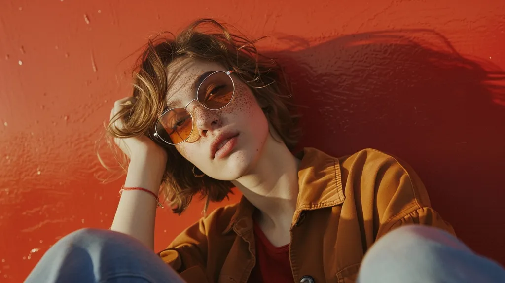 The image shows a young woman with short brown hair and freckles on her face. She is wearing brown jacket and blue jeans. She is sitting on the ground with her hand on her head and looking at the camera with a serious expression. The background is a solid orange color.