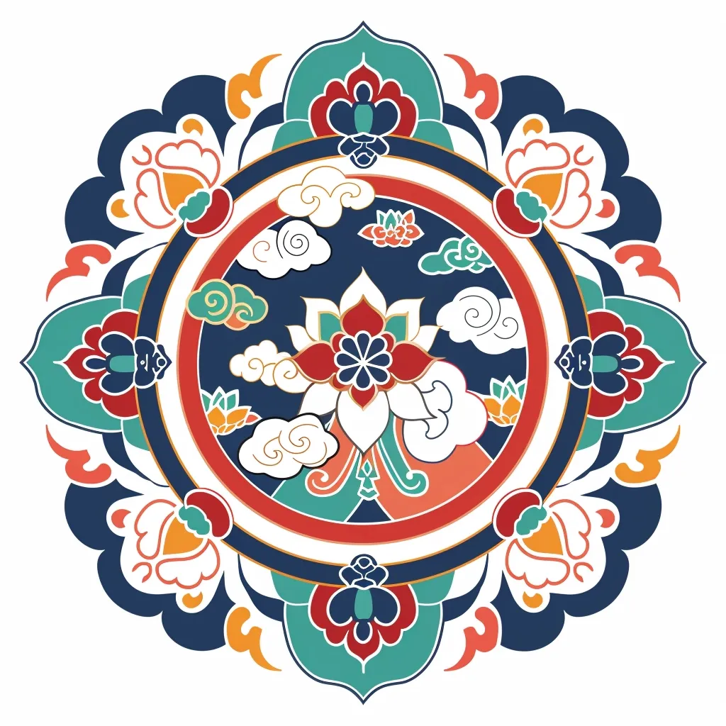 The image is a colorful mandala with a lotus flower in the center. The lotus flower is surrounded by clouds and four smaller lotuses. The mandala is enclosed in a circle with four gates. The gates are decorated with clouds and lotus flowers. The mandala is drawn in a traditional Chinese style.
