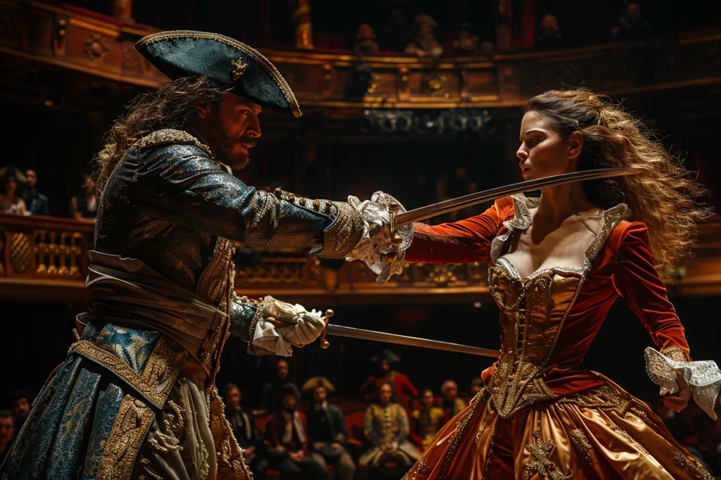 The image shows a man and a woman engaged in a sword fight. The man is dressed in a blue and gold coat, while the woman is wearing a red and gold dress. The man has a sword in his right hand, and the woman has a sword in her left hand. They are both looking at each other intently. The background is a blur of people watching the fight.