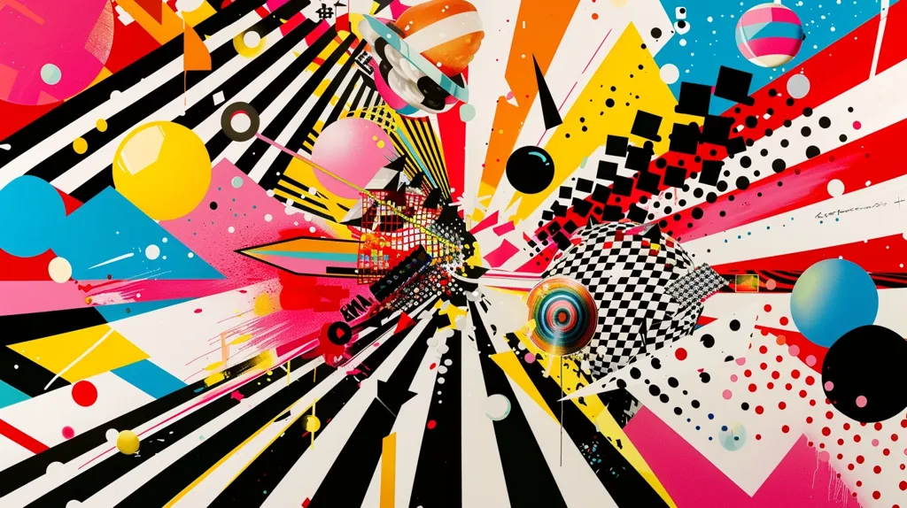 The image is a colorful and abstract painting. There are many different shapes and colors in the painting, and it is difficult to identify any specific objects. The painting has a sense of movement, and it seems to be bursting with energy. The colors are bright and saturated, and they create a sense of excitement and urgency. The painting is very dynamic and engaging, and it draws the viewer in.