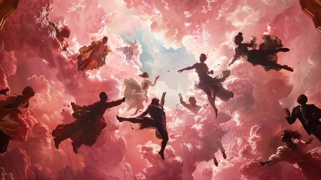 The painting depicts a group of people, dressed in 18th-century clothing, floating in a pink and white cloudscape. The figures are arranged in a dynamic composition, with some appearing to be falling or leaping, while others seem to be floating peacefully. The painting has a dreamlike quality, and it is unclear whether the figures are meant to represent real people or are simply figments of the artist's imagination.