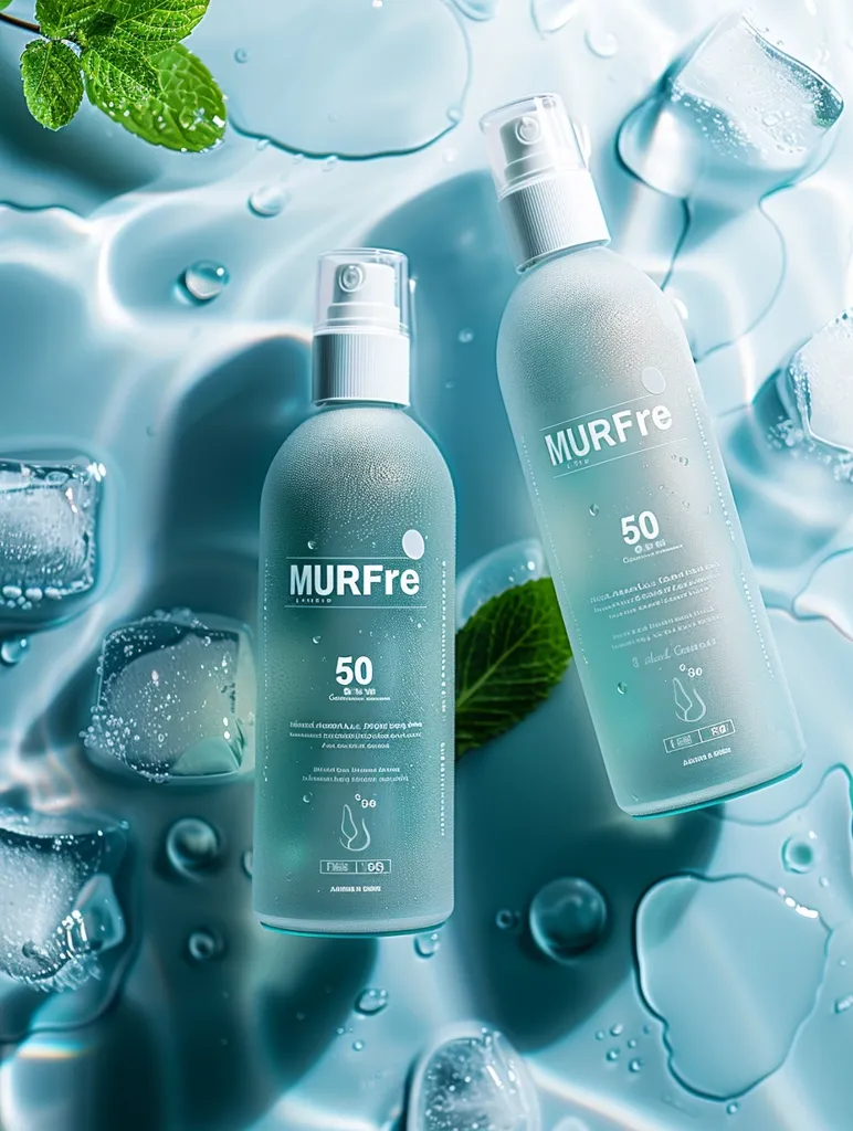 This image is of two bottles of MURFRE sunscreen spray. The bottles are blue and white, and they are both labeled "MURFRE 50+". The background is white, and there are water droplets all around the bottles. There are also some green mint leaves on the background. The image is very clean and refreshing.