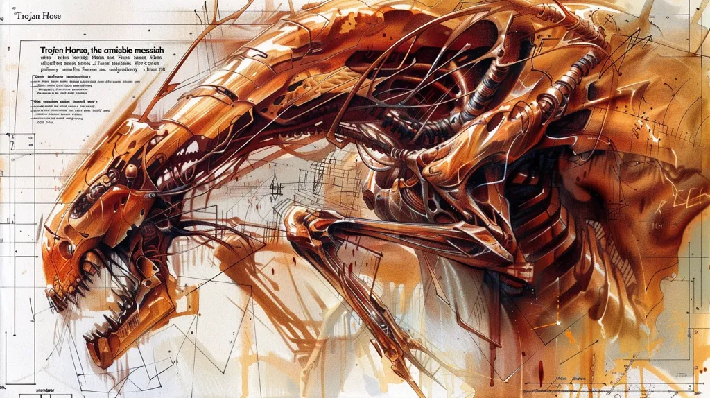 The image is a painting of a biomechanical creature. It has the body of a horse, but its head is a狰狞的combination of human and animal. The creature is standing on a rocky surface, and there are several diagrams and schematics drawn around it. The painting is done in a realistic style, and the artist has used a variety of techniques to create a sense of depth and texture. The overall effect is one of awe and wonder.