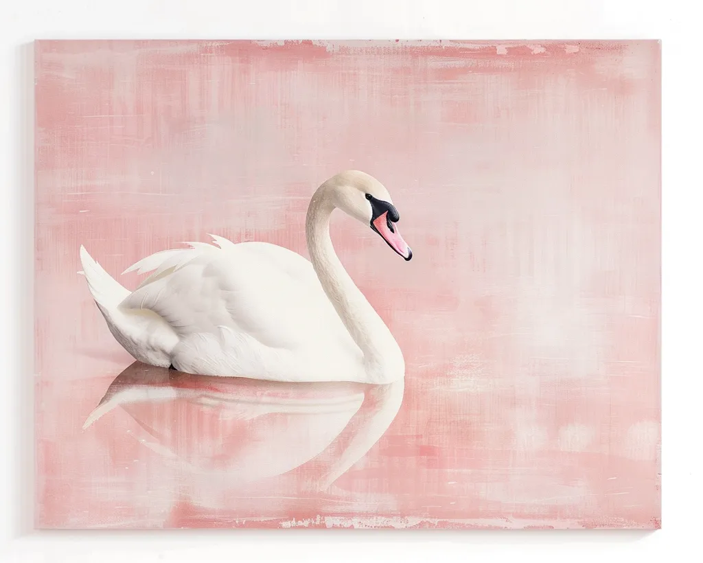 The painting is of a swan on a pink background. The swan is white with a long, graceful neck. It is standing in a body of water, and its reflection is visible in the water. The painting has a soft, ethereal quality, and the colors are very calming.