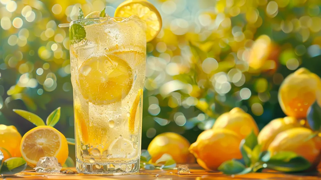 A refreshing image of a tall glass of lemonade is garnished with a lemon slice and a sprig of mint. The glass is set against a backdrop of a lemon tree with ripe lemons hanging from the branches. The sun is shining brightly, and the leaves on the tree are a lush green. The image is full of life and vitality, and it evokes a sense of thirst-quenching refreshment.