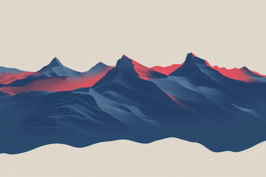 The image is a digital painting of a mountain range. The mountains are dark blue and the sky is light blue. The mountains are in the foreground and the sky is in the background. The mountains are covered in snow. The image is very peaceful and serene.