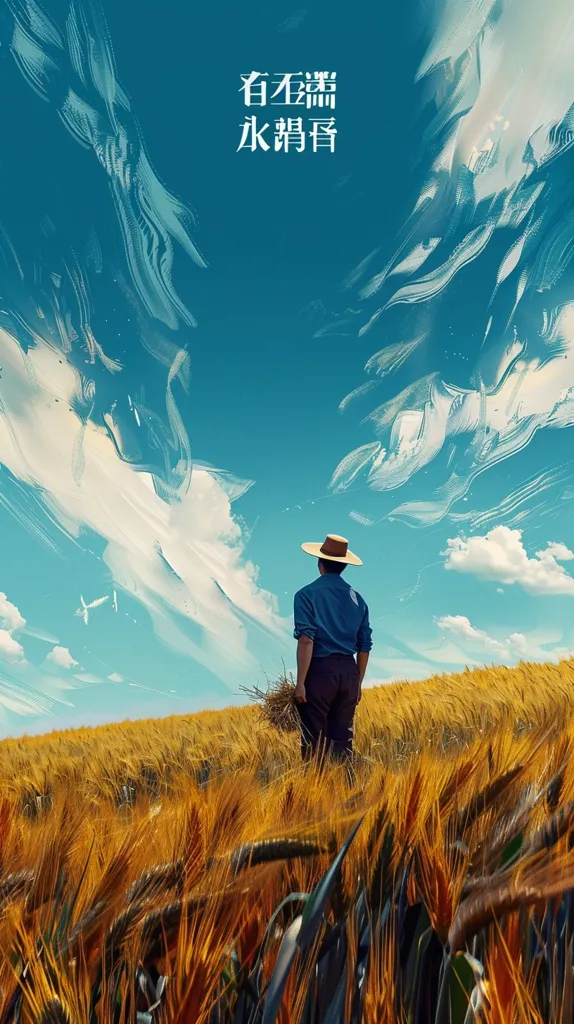 The image is a painting of a farmer standing in a field of wheat. The farmer is wearing a hat and carrying a sickle. The sky is blue and there are some clouds in the distance. The image is done in a realistic style and the colors are muted.
