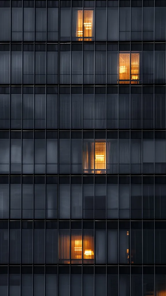 The image is of a tall, dark building with many windows. The windows are reflecting the light from inside the building, which is making them glow. The building is made of dark gray glass and the windows are made of light gray glass. The building is very tall and it seems to be in a city.