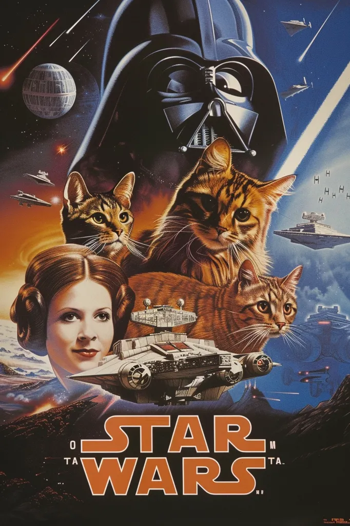 The poster has a dark blue background with a starry night sky and a large spaceship in the center. There are two cats sitting on the spaceship, one on the left and one on the right. The cat on the left is orange and white, and the cat on the right is brown and white. There is a woman in the center of the poster, with her head turned to the left. She has long brown hair and is wearing a white dress. The poster is written in Portuguese.