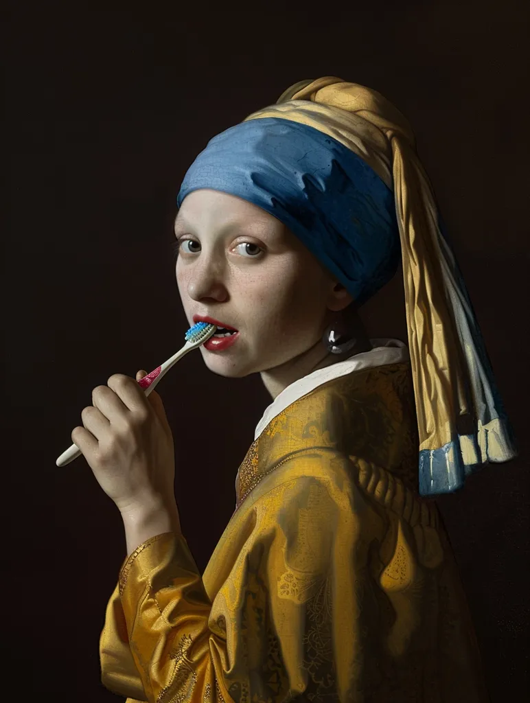 This is a painting of a girl wearing a blue and gold turban. She is holding a toothbrush in her right hand and is brushing her teeth. The girl has a serene expression on her face. The painting is done in a realistic style and the colors are vibrant and lifelike.