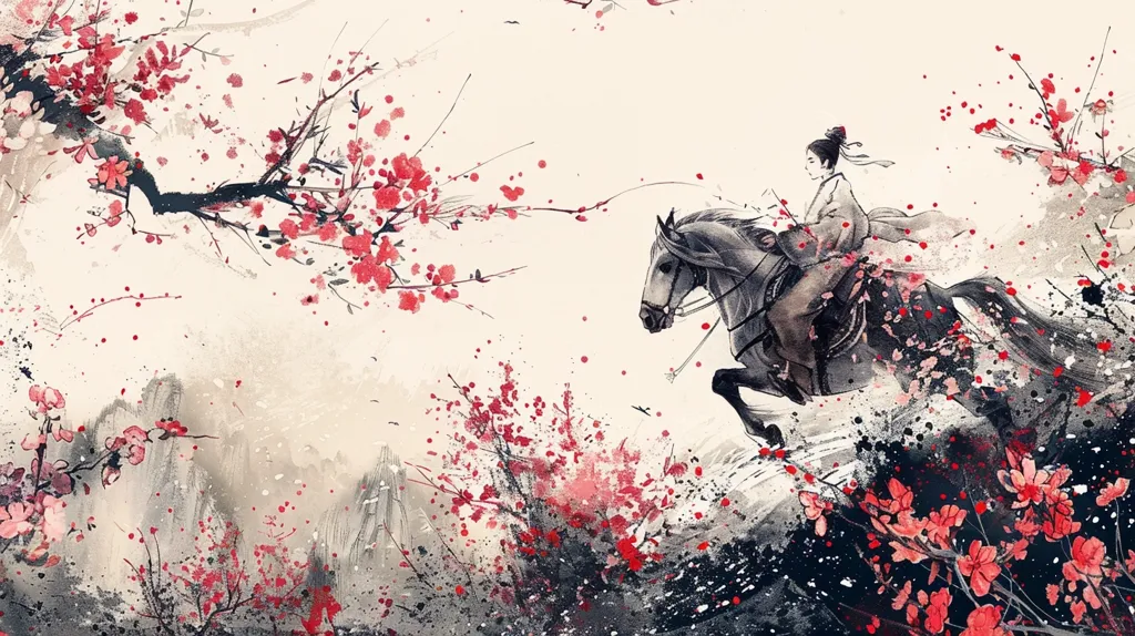 A Chinese painting of a woman riding a horse. The woman is wearing a traditional Chinese dress and has her hair in a bun. The horse is white and has a long flowing mane and tail. The painting is done in a realistic style and the artist has used a variety of brushstrokes to create the different textures of the woman, the horse, and the landscape.