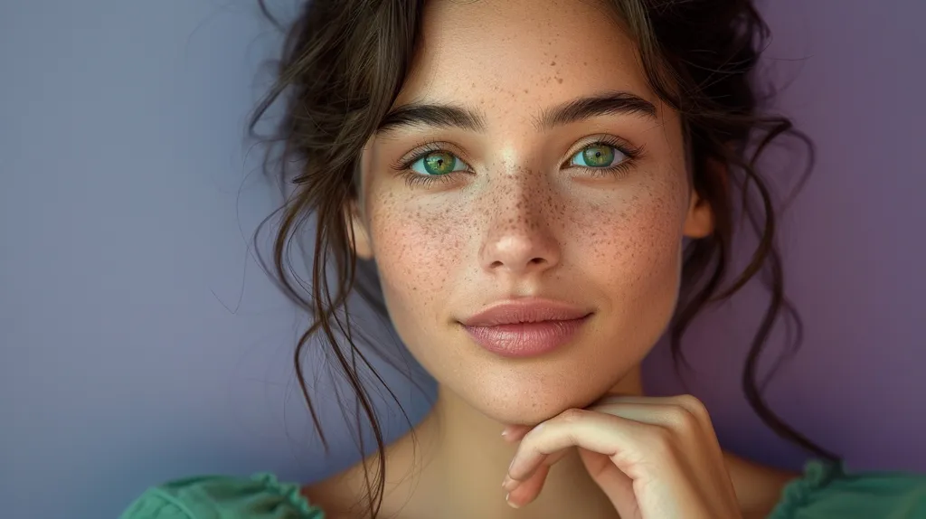 The image shows a young woman with green eyes and freckles on her face. She has a small smile on her face and is looking at the camera. Her hair is dark brown and pulled back in a loose bun. She is wearing a green shirt. The background is a light purple color.